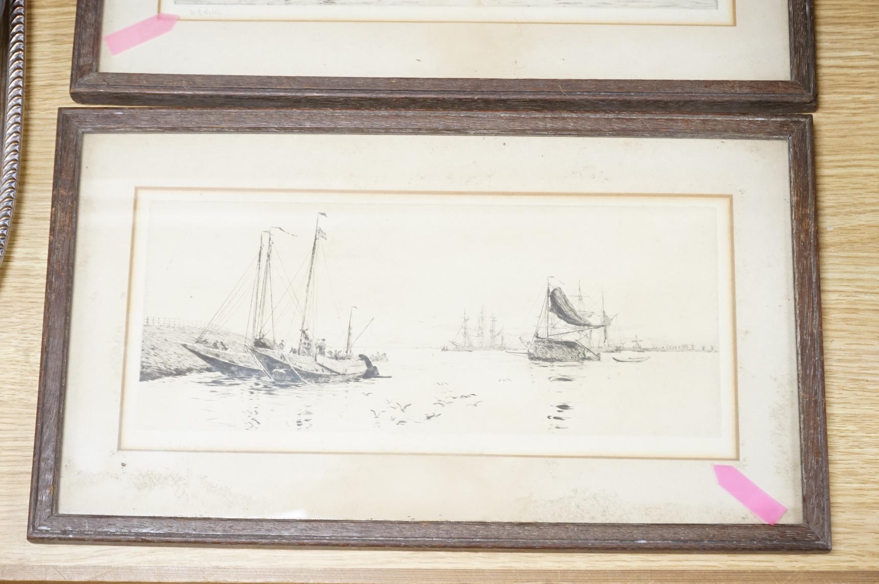 William Lionel Wyllie (1851-1931), ‘ Sea Scouts at Old Portsmouth’ and one other, each signed in pencil, two etchings, 14 x 31cm